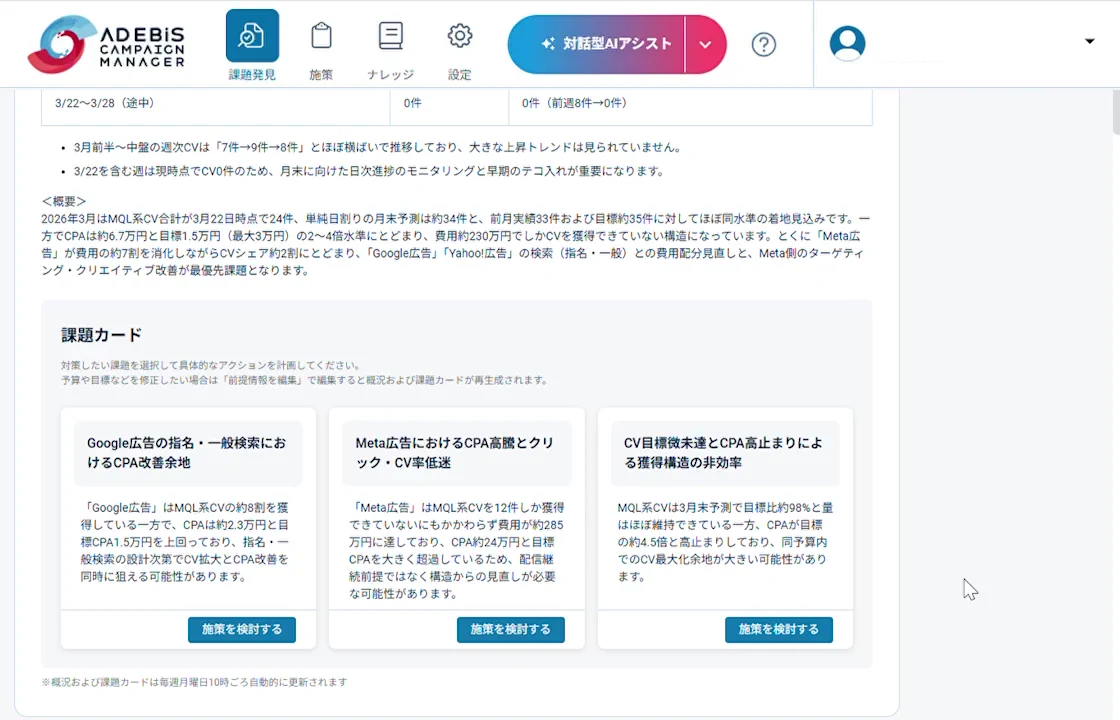 管理画面デモ：選択した課題を深掘りし、要因の把握につなげる